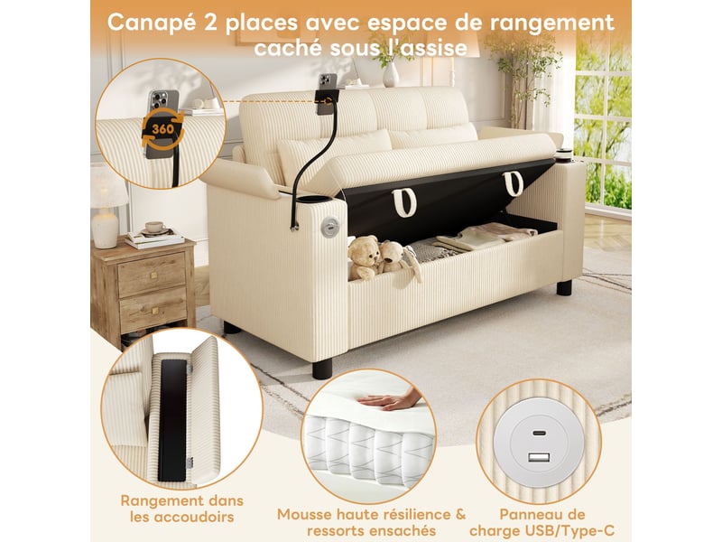 Canapé 2 places 136 cm avec rangement intégré-usb et type-c-porte-gobelets et support téléphone-en velours côtelé-beige - Conforama D