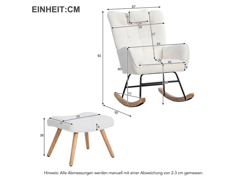  Fauteuil à bascule relax - 67x48x92 cm - avec repose-pieds et coussin en tissu bouclé pieds bois - blanc  - Conforama E