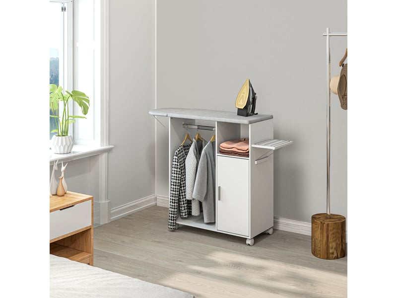  Armoire à repasser sur roulettes, table à repasser pliante, étagère réglable, barre de suspension, 127x42,5x99cm, blanc  - Conforama C