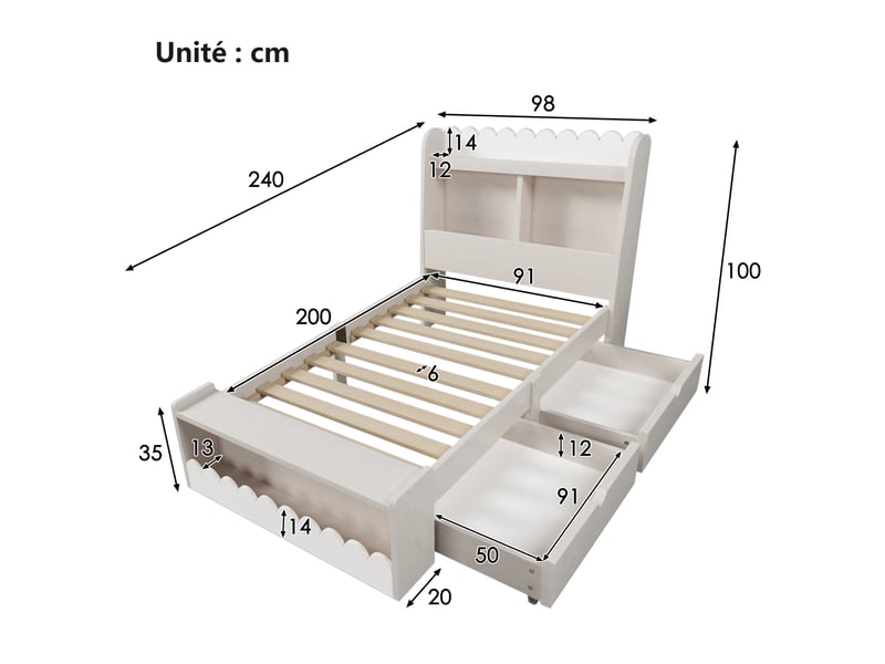  Lit enfant 90x200 cm – lit simple avec rangement et banc – sans matelas – mdf – blanc chêne votan  - Conforama C