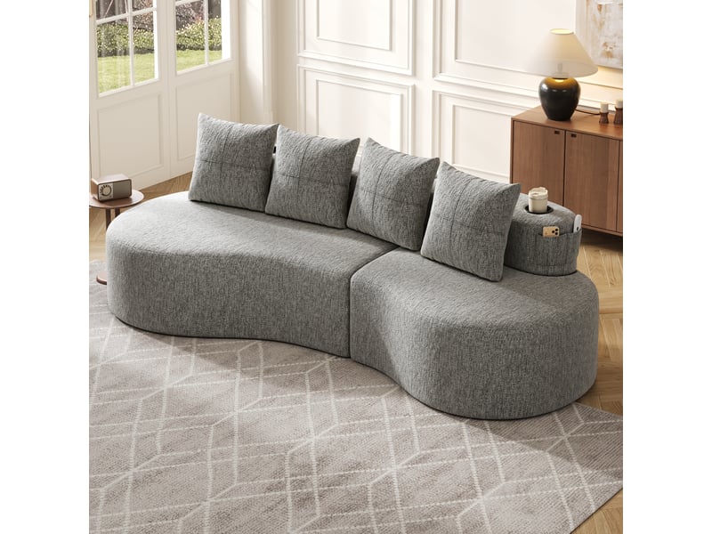  Canapé droit fixe en lin gris clair 240 x 109 x 63 cm, 4 places, 4 coussins, porte-gobelets et poches latérales 240x109x63cm - Conforama B