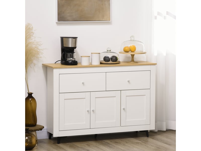  Buffet de cuisine avec 2 tiroirs, 3 portes et une étagère réglable, pour cuisine, salle à manger, salon, 117 x 35 x 80 cm, blanc  - Conforama C