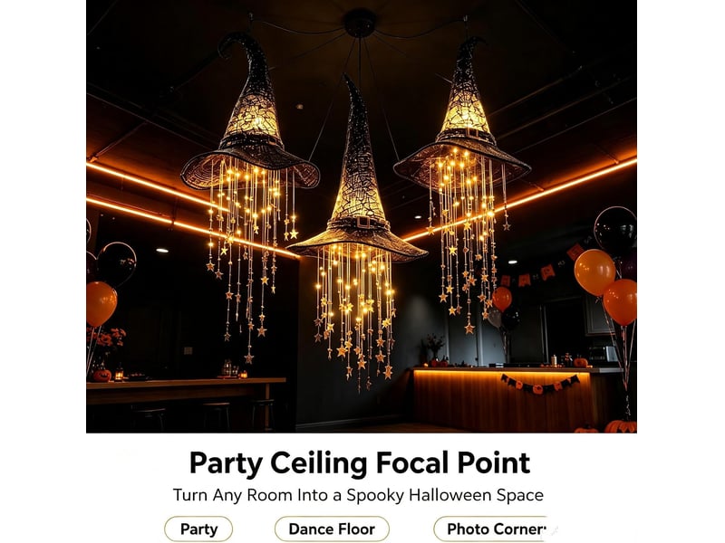 3 pièces décoration halloween suspendue, chapeau de sorcière lumineux led avec guirlande d'étoiles pour porche, entrée et jardin - Conforama E