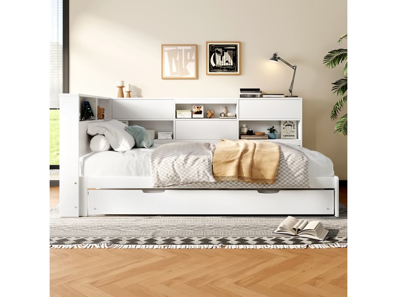  Lit banquette 90x200 blanc avec tête de lit de rangement, lit gigogne extensible et ports usbtype-c, structure en bois  - Conforama B