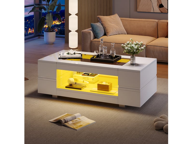  Table basse led avec 2 niveaux de rangement, plateau en verre et surface brillante pour salon, 100 × 50 × 35 cm  - Conforama C