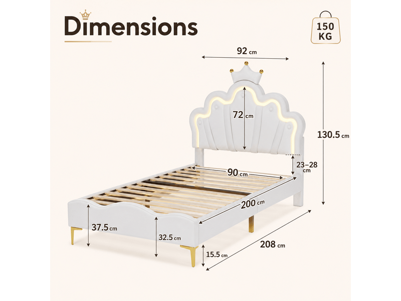  Lit fille 90x200cm avec sommier led réglables - lit simple enfant avec tête de lit réglable en hauteur - sommier à lattes - lit 90x200 cm - lumineuse led - lit fille avec tête de lit réglable - lit princesse en forme couronne - …  - Conforama R