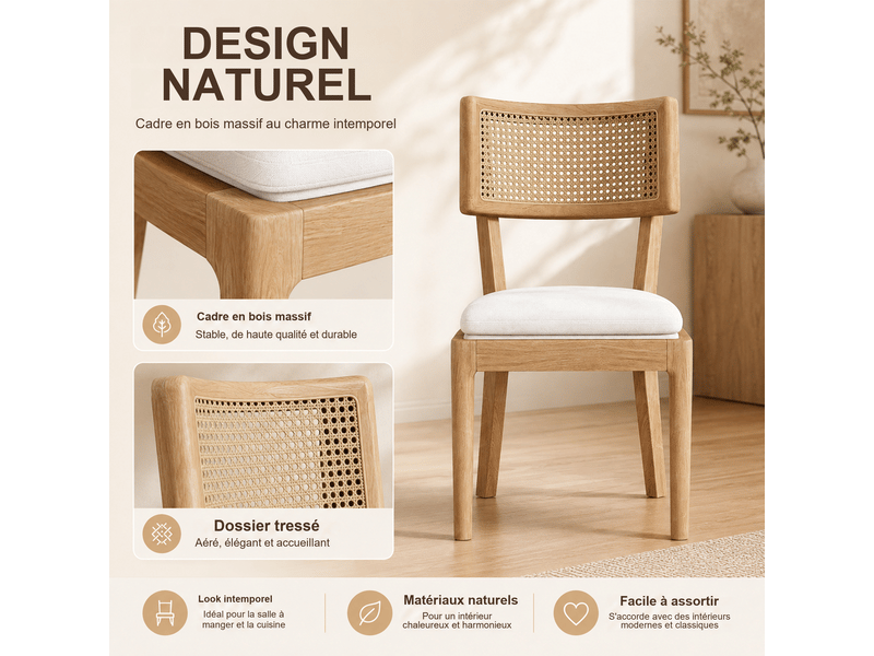  Lot de 6 chaises de salle à manger en bois massif, dossier en rotin et assise en lin, style naturel, 50x58x88 cm  - Conforama D