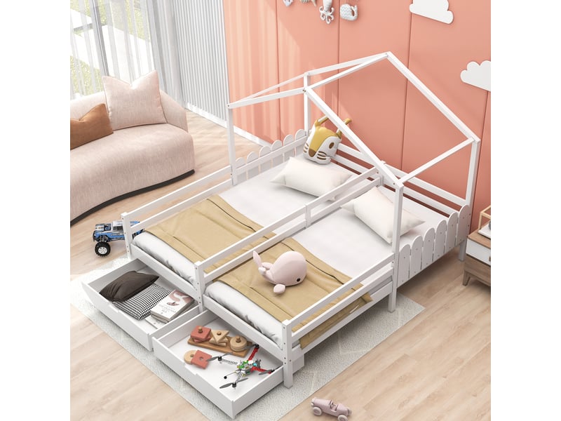  Lit maison double enfant 200x90cm en bois massif blanc avec 2 tiroirs mdf à roulettes et lattes  - Conforama D