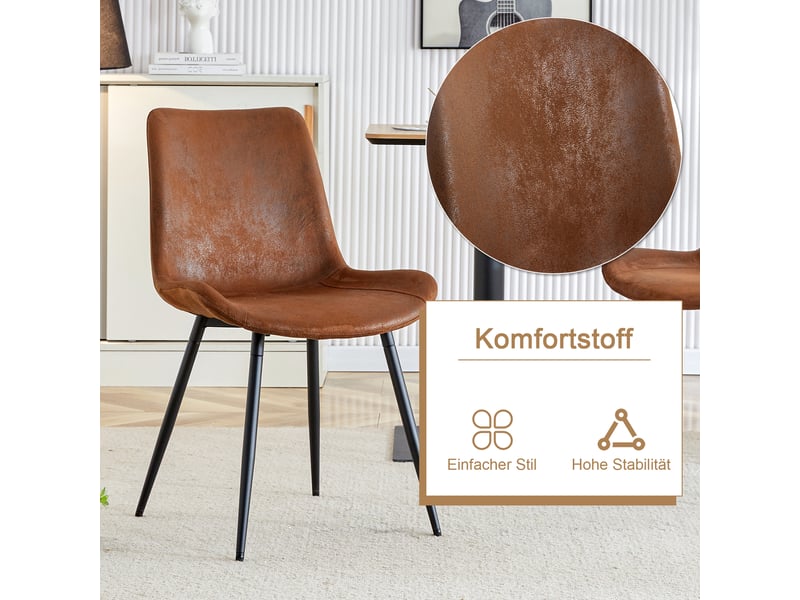  Ensemble table ronde avec 4 chaises marron, table ronde de 100 cm avec plateau effet bois marron et insert en verre trempé  - Conforama D