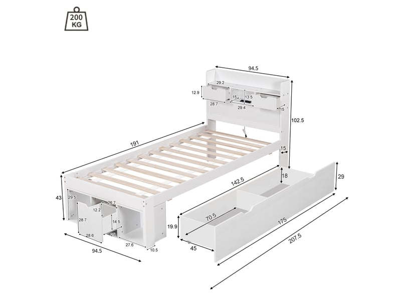 Lit enfant 90x190 cm avec rangement, usb et prises blanc - Conforama C