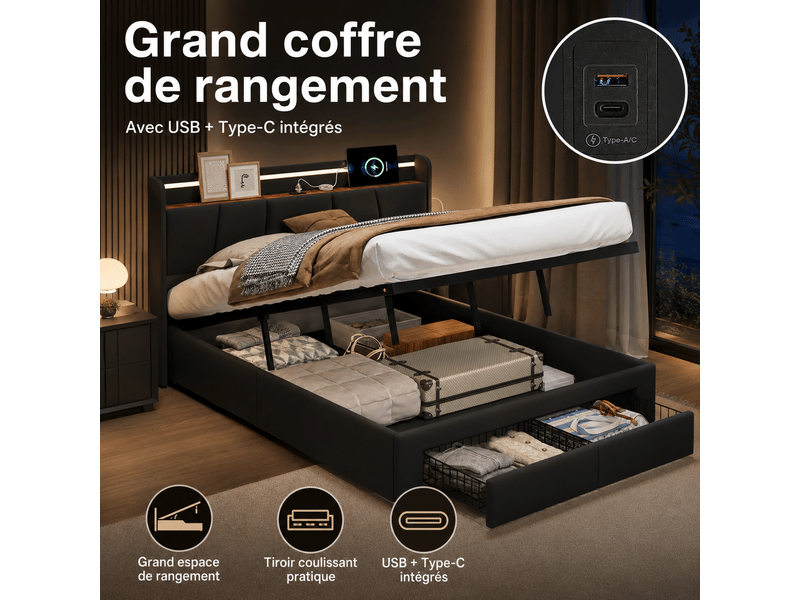  Lit coffre 160x200cm - avec led et usb tpye c -  2 tiroirs - tête de lit est pliable -lit capitonné  140x190 cm avec sommier à lattes,  lit rembourré avec hydraulique, rangement de chevet,  lit 2 personnes - lin gris - sans mate…  - Conforama E
