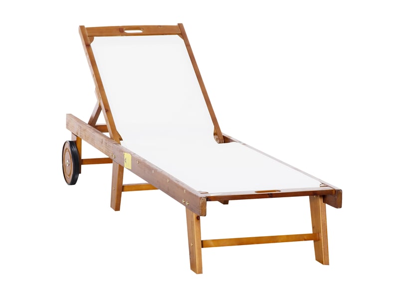  Chaise longue inclinable, transat de jardin, mobilier de jardin, réglable, bois d'acacia, textile, naturel et blanc, 198 x 55 x 30-88,5 cm  - Conforama A