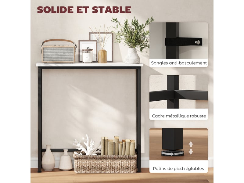  Console meuble 75 cm, table console plateaux en effet marbre, style moderne blanc et noir, cadre en métal  - Conforama E