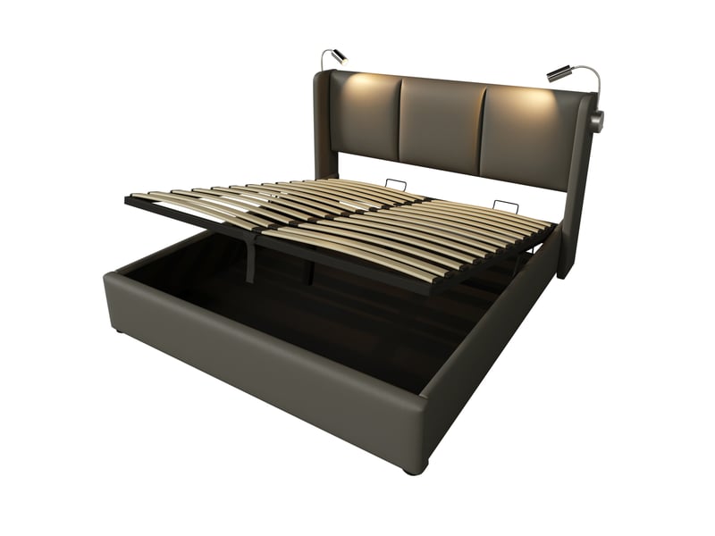  Lit double coffre de rangement 140 x 200 cm gris en pu avec liseuse usb et sommier à lattes  - Conforama A