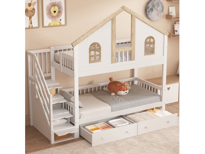 Lit superposé enfant 90x200 cm avec escalier et 2 tiroirs, blanc et naturel - Conforama B