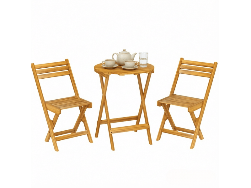 Salon de jardin pliant 2 places, table ronde 60 cm et 2 chaises en bois d'acacia naturel, prêt à déplier - Conforama A