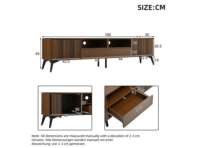 Meuble tv 180x35x45 cm avec 2 portes et 2 tiroirs en panneau de particules, passe-câbles, couleur marron  - Conforama C