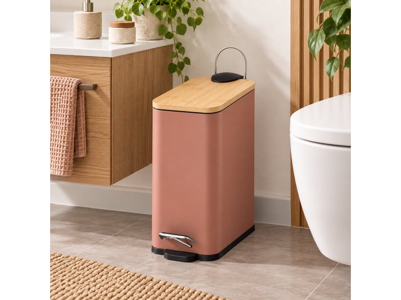 Poubelle à pédale en métal terracotta et couvercle en bambou naturel avec seau intérieur amovible, capacité 5l - longueur 25 x profondeur 14 x hauteur 27 cm - Conforama B