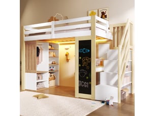 Lit mezzanine 90x200 avec bureau, étagères, armoire, escalier de rangement, tableau et éclairage led, blanc et naturel