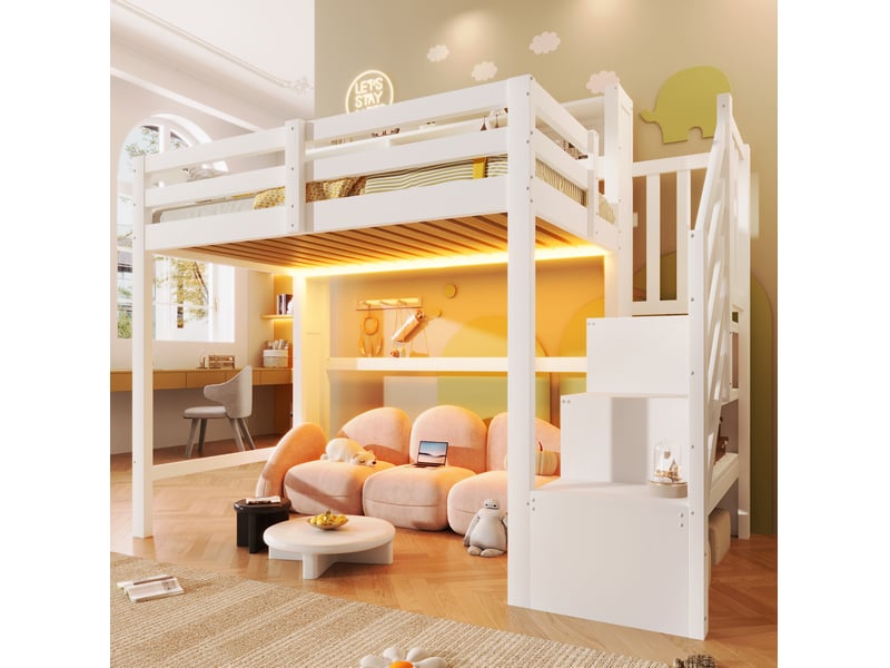  Lit mezzanine enfant 90 x 200 cm avec led, escalier de rangement et étagères, blanc  - Conforama D