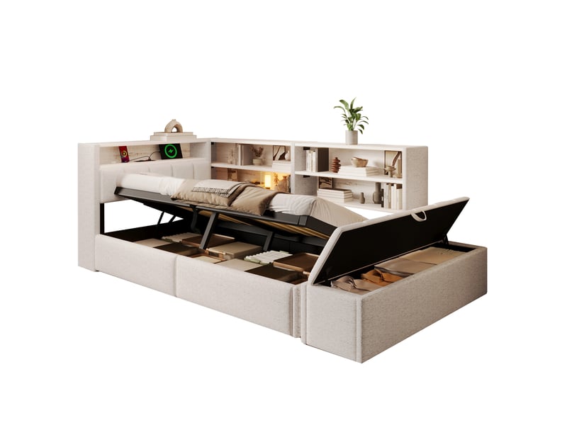  Lit banquette coffre rembourré 90x200 cm, rangement hydraulique, banc coffre mobile, meuble latéral réversible, led rgb, usb-ac, velours blanc Radiant Stride - Conforama A