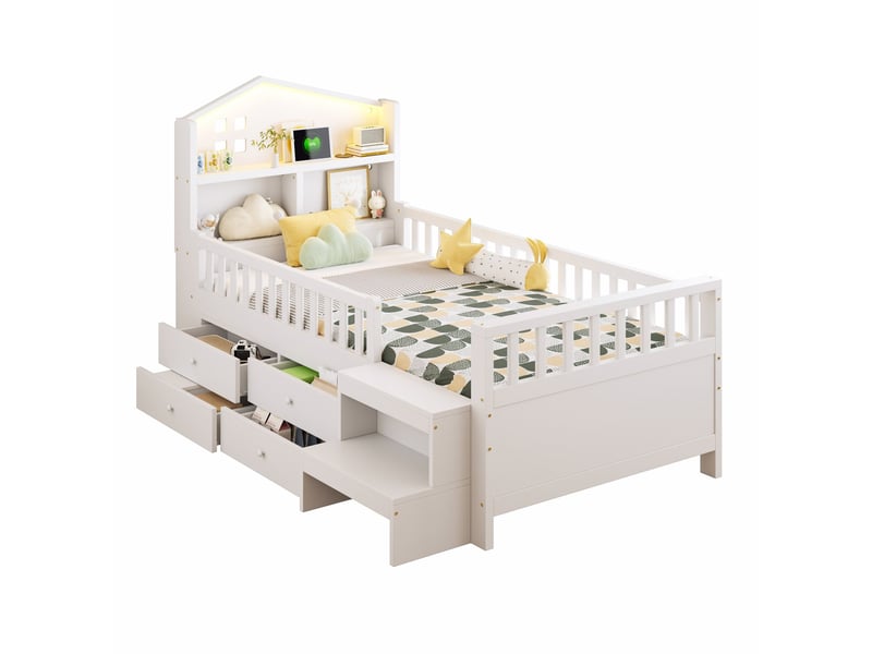  Lit enfant 90x200 cm avec rangements et led en bois blanc  - Conforama A