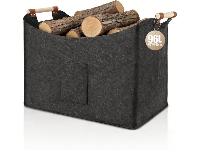  Grand panier à bois pliable , gris foncé – poignées en bois renforcées, pour cheminée et transport de bûches-60 x 40 x 40 cm  - Conforama A