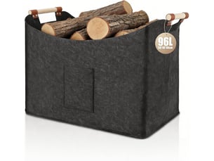Grand panier à bois pliable , gris foncé – poignées en bois renforcées, pour cheminée et transport de bûches-60 x 40 x 40 cm