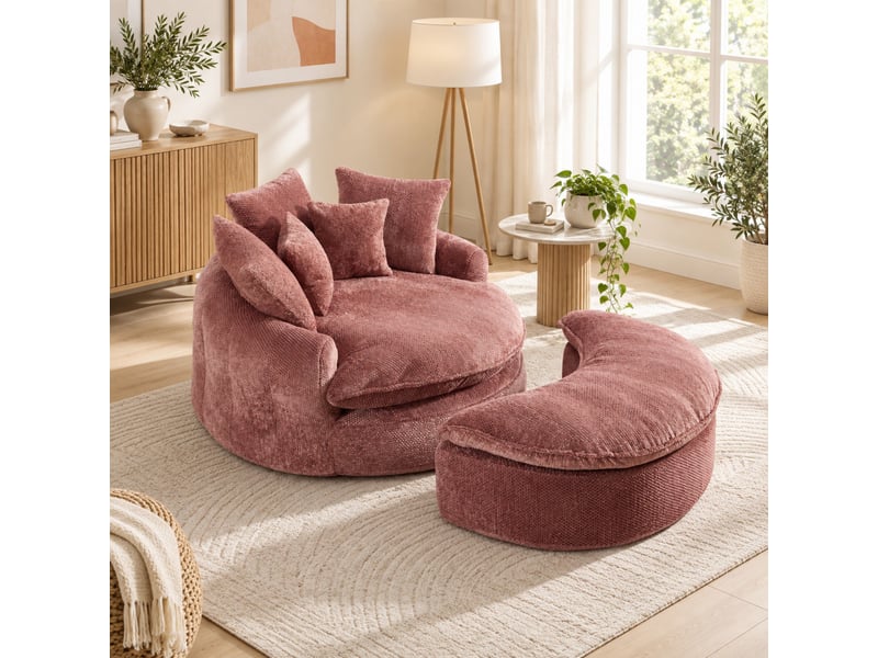Fauteuil lounge géant 190,5 x 138 x 63 cm rose, mousse et tissu polyester, dossier réglable et coussin - Conforama D