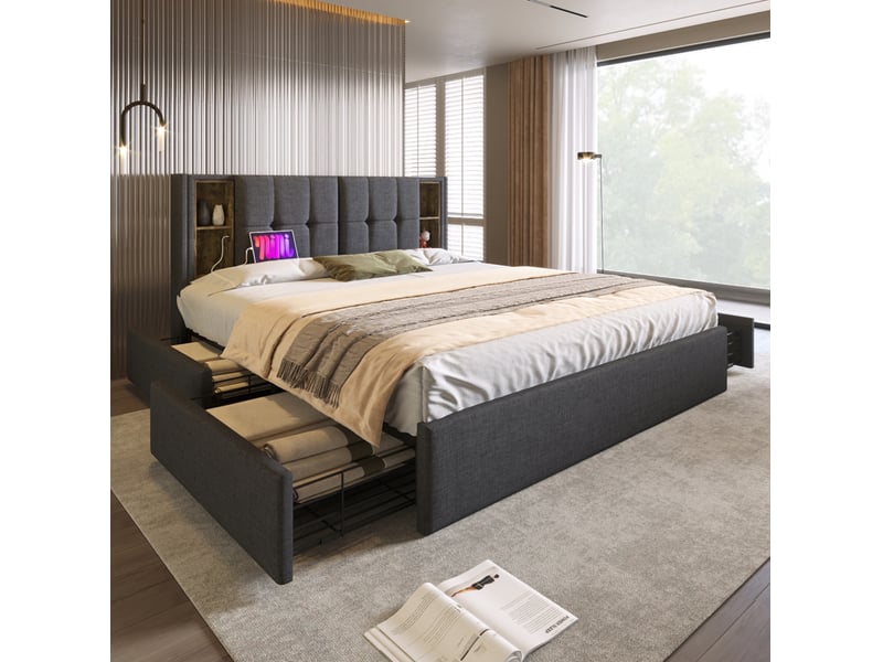  Lit coffre 160 × 200 cm 2 places avec 4 tiroirs, usb, type-c et recharge sans fil, matelas inclus, gris en lin  - Conforama C