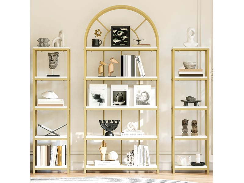  Bibliothèque modulable 163x30x184 cm doré et blanc, mdf et métal, 3 éléments avec design arqué  - Conforama B