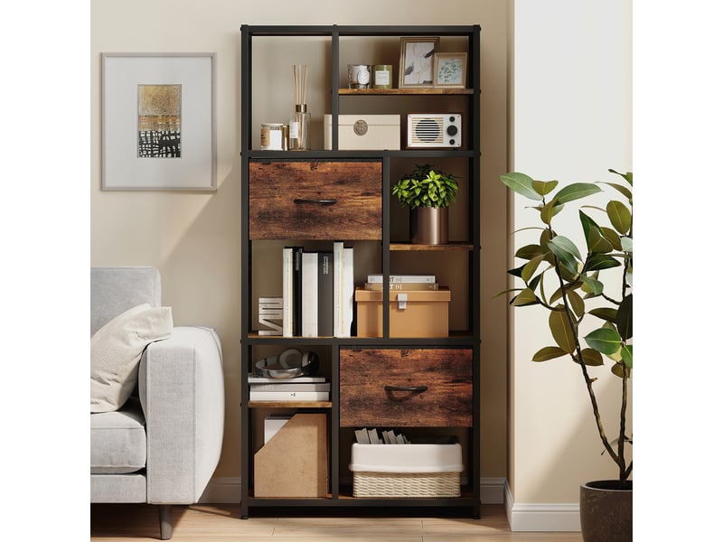  Étagère de rangement, 2 tiroirs en tissu, 9 compartiments ouverts, étagère autoportante avec structure en acier, marron et noir  - Conforama D