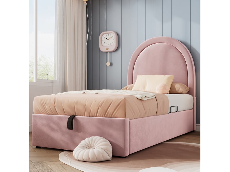  Modenvie lit coffre enfant 90x200 cm - velours rose, rangement intégré - avec matelas - rose  - Conforama E