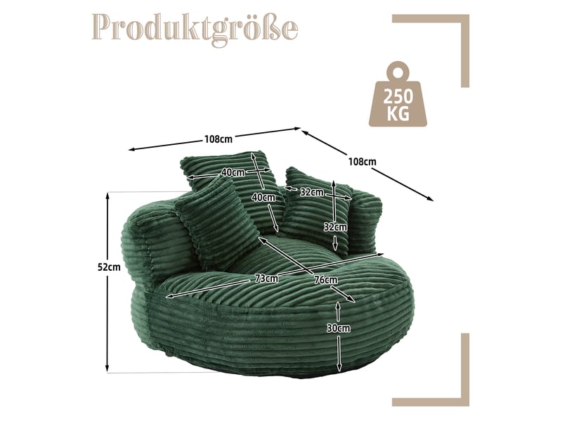  Fauteuil inclinable - à dossier haut - avec 3 coussins - résistant et confortable - velours côtelé - vert  - Conforama E