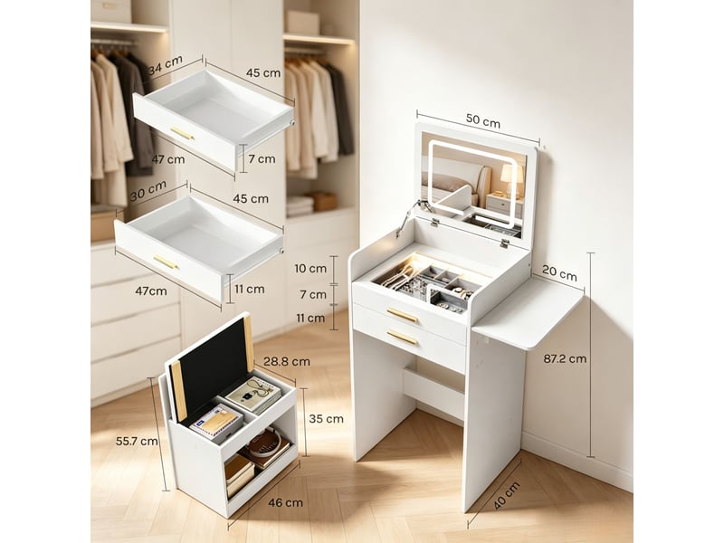  Coiffeuse 3 en 1 avec miroir led 40x50x87,2 cm-2 tiroirs-plateau en verre-tabouret avec rangement à roulettes-blanc  - Conforama E