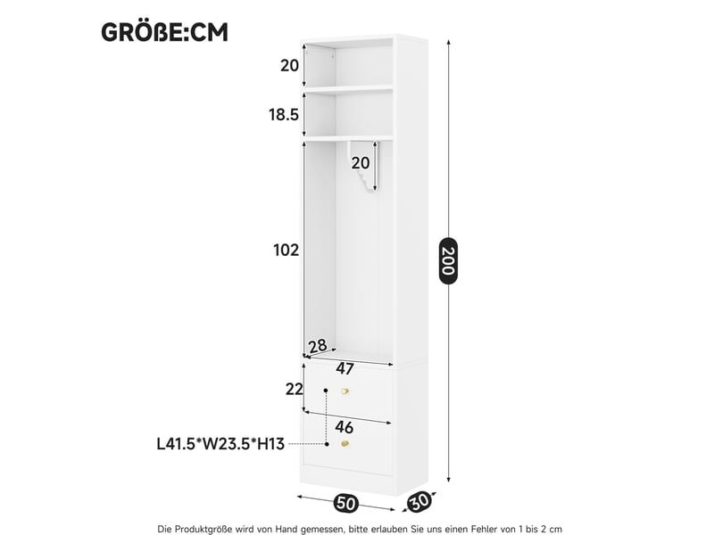  Armoire ouverte 50x30x200 cm, 2 tiroirs, 1 penderie, mdf et métal, blanc, design simple, rangement vêtements compact  - Conforama C