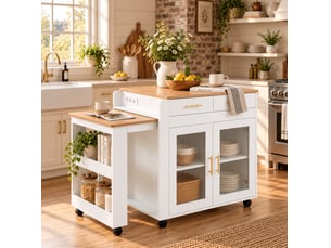 Desserte de cuisine à table extensible avec tiroirs, placard, niches et prises usb, blanche, en panneau de particules