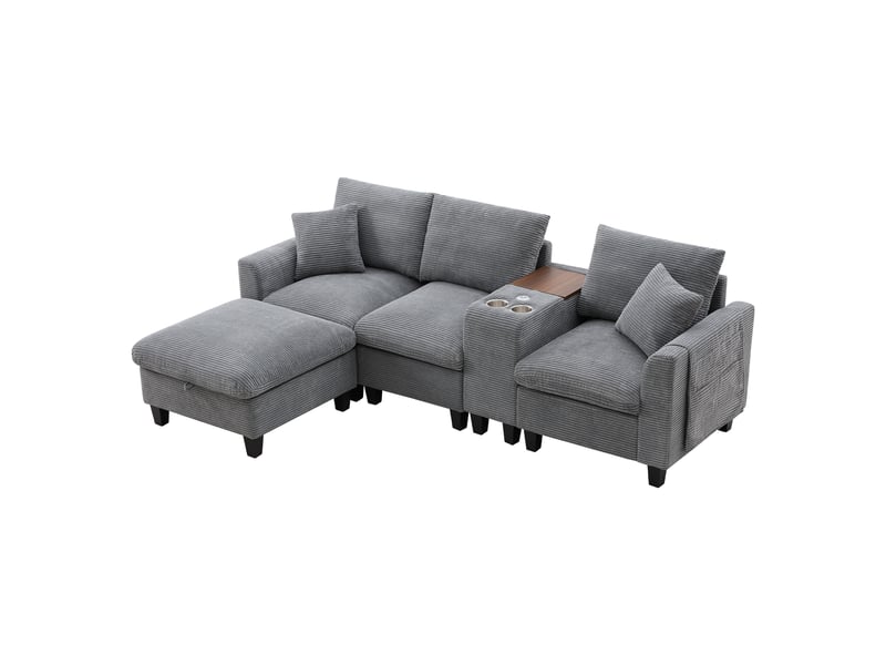  Canapé d'angle l 4 places modulable avec pouf coffre, console centrale, 2 porte-gobelets, ports usb, rangement accoudoir, tissu velours côtelé - gray  - Conforama A