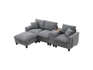Canapé d'angle l 4 places modulable avec pouf coffre, console centrale, 2 porte-gobelets, ports usb, rangement accoudoir, tissu velours côtelé - gray