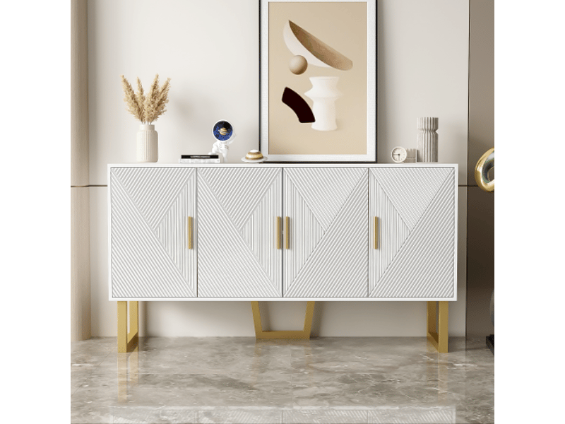  Buffet bas 150 cm blanc laqué avec 4 portes texturées et poignées dorées, bahut moderne luxe avec étagères réglables  - Conforama B