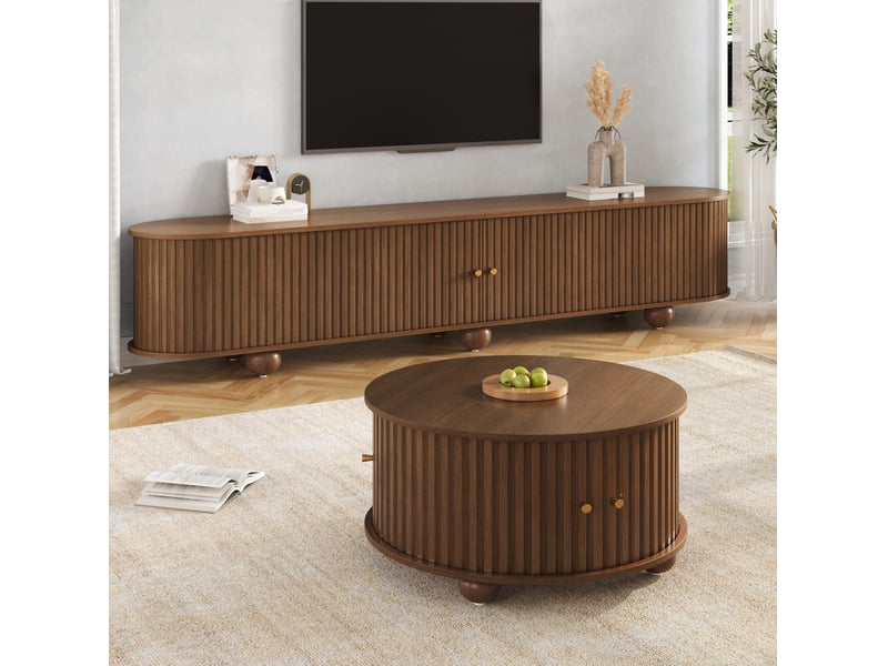  Ensemble table basse ronde et meuble tv incurvé 180 x 35 x 45 cm + 72 x 72 x 38 cm, portes coulissantes, mdf, noyer  - Conforama E
