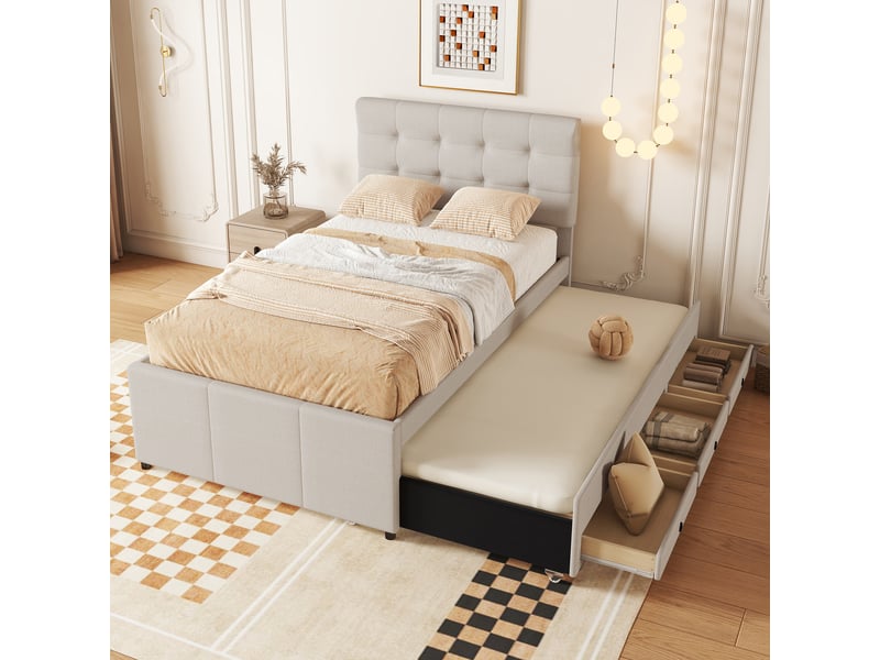  Lit simple 90x200cm, lit enfant avec trois tiroirs de rangement, lit extensible à roulettes, beige, tête de lit réglable en hauteur  - Conforama C