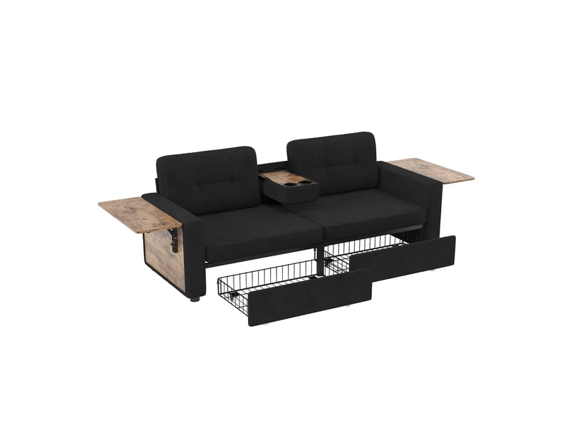 Canapé droit 2 places en chenille 178 x 71 cm avec rangement intégré, tablette rabattable, porte-gobelets et assise réglable - noir - Conforama A
