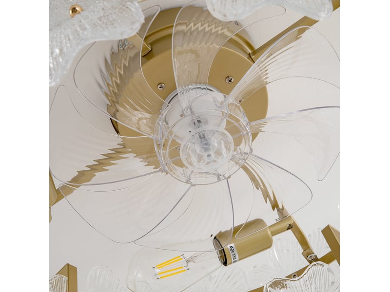  Brasseur d’air de plafond éclairage led 52x52x28 cm, 6 vitesses, app et télécommande, verre et métal, moteur dc silencieux, couleur dorée  - Conforama E