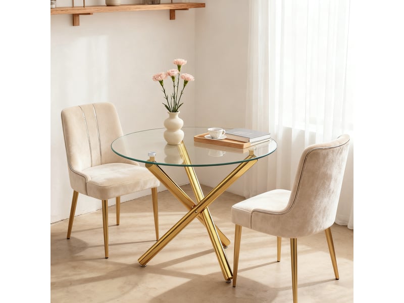  Table 2 à 4 personnes, plateau en verre trempé et métal doré  - Conforama C