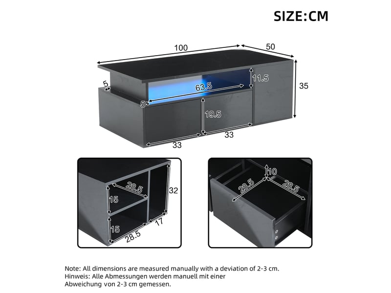 Table basse rectangulaire noir avec 2 tiroirs - 50x100 cm led panneau de particules table basse noir - Conforama C