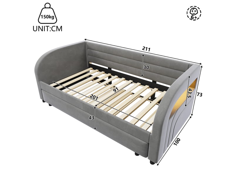  Lit jeune gigogne, 90x200 cm, avec led multicolore, couchage d'appoint, tissue, tissu et flanelle et mdf, coloris gris  - Conforama C