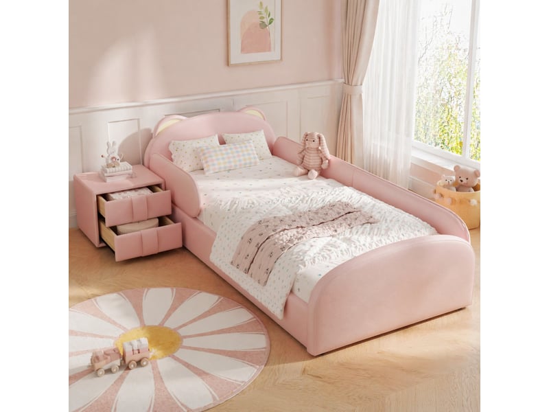  Lit enfant rembourré rose 90 x 200 cm avec tête de lit ours et table de chevet  - Conforama D