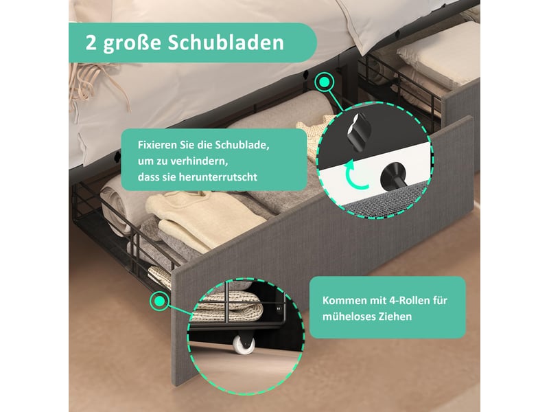  Lit simple 90x200 cm avec éclairage led et 2 tiroirs, structure de lit avec matelas, lit enfant avec sommier à lattes en bois, gris  - Conforama R