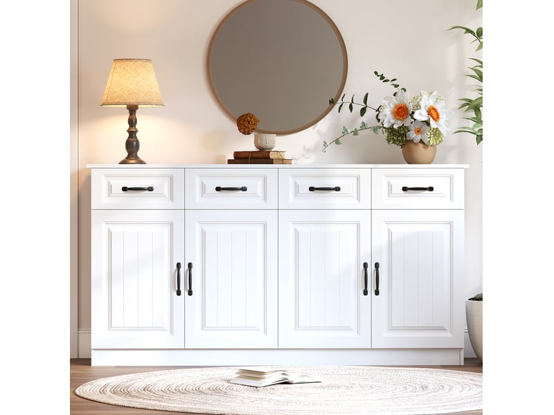  Buffet 160 cm en mdf blanc avec 4 portes et 4 tiroirs, façades rainurées  - Conforama D